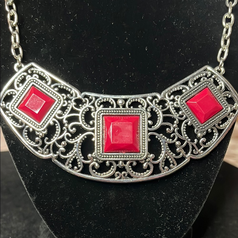 Red And Silver Statement Necklace With Intricate … - image 2